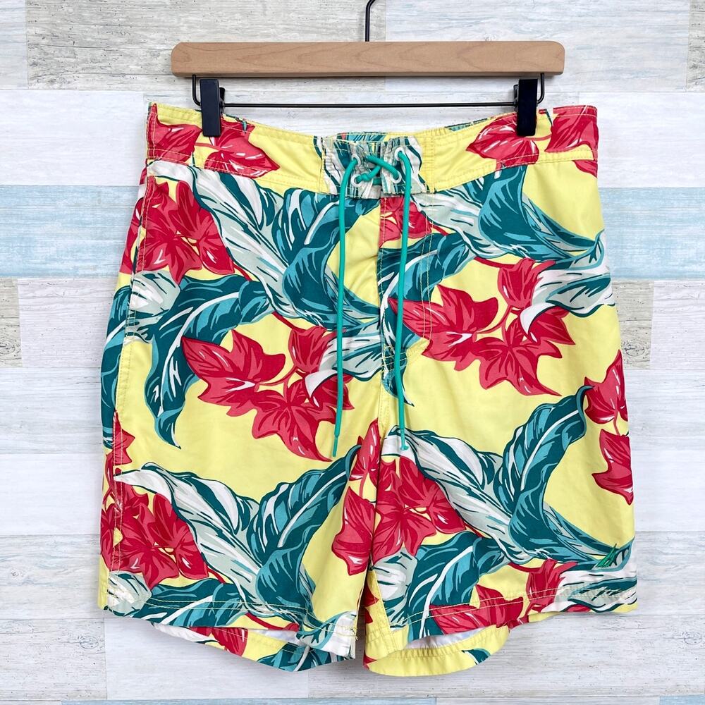 Nautica Tropical Floral Swim Trunks Yellow Red Green Swimwear Mens Medium